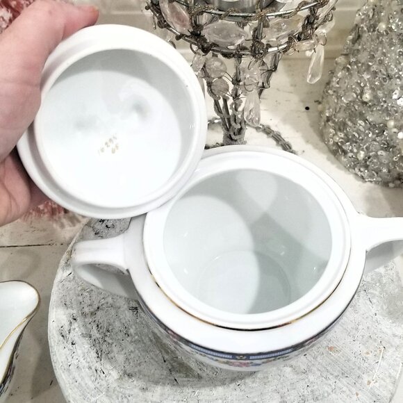 TK Thuny CARLTON Sugar Bowl & Creamer Set - Czechoslovakia Thun Roses Blue Rim - Picture 6 of 10